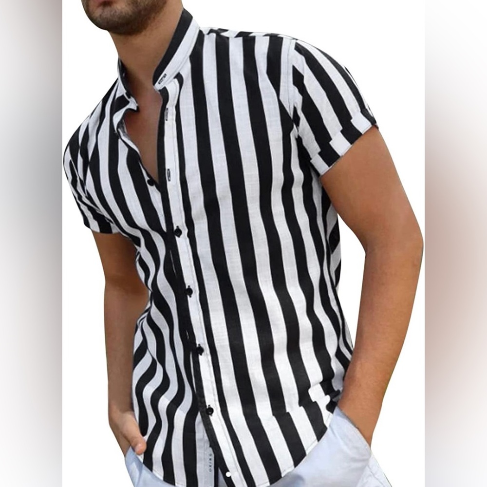 Cotton Black and White Stripe Button Down Shirt L